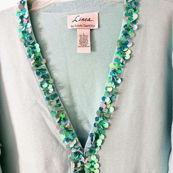 Linea 3 Pc Formal Cardigan Sweater Set Sz L AQUA SKY BLUE Sequins Knit was $350 - Picture 2 of 16